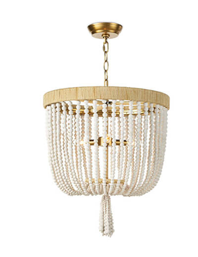 Milos Chandelier Gold ring with white beaded strings draped down and converging to a certer point